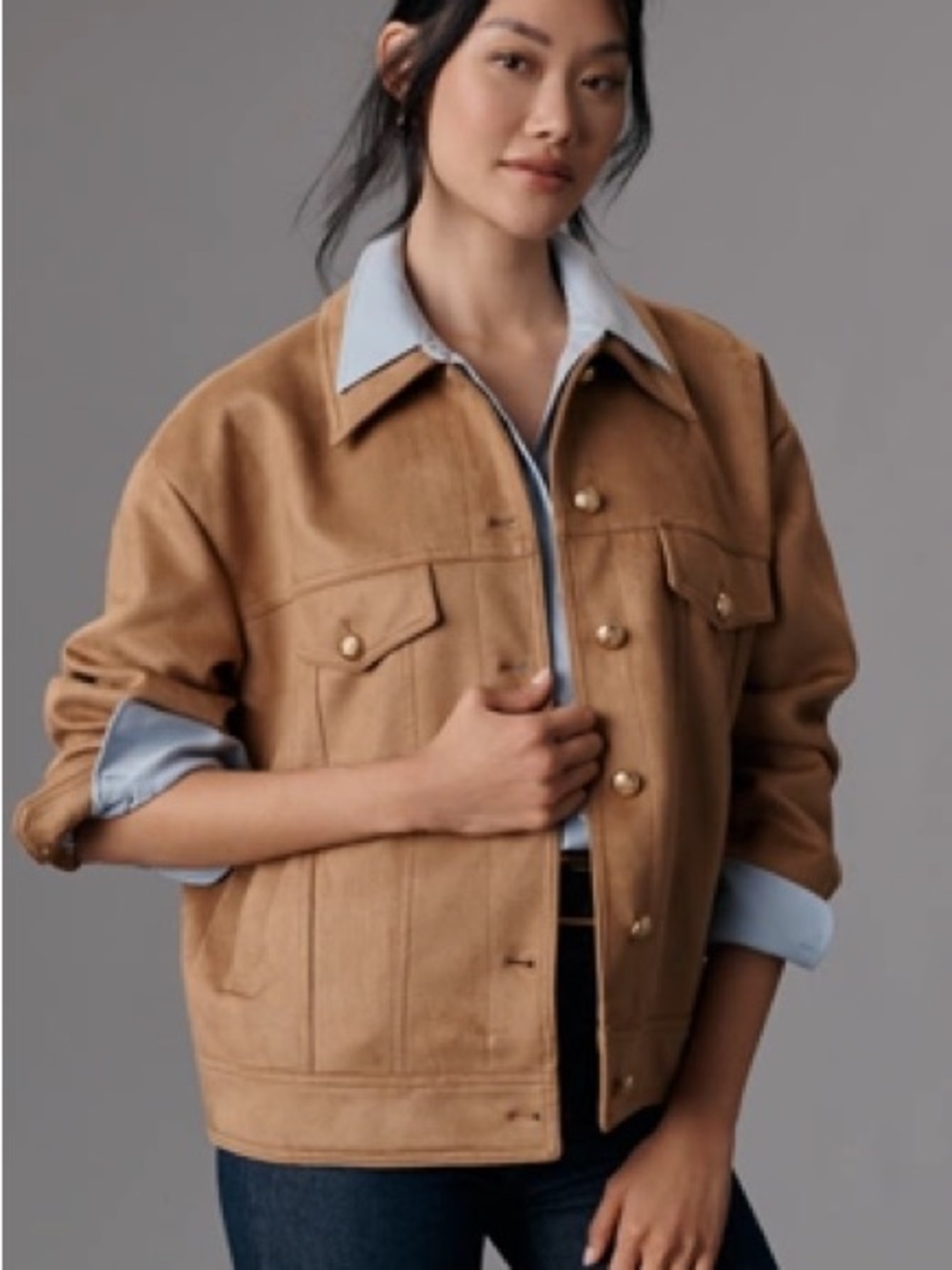New small Anthropologie Maeve faux suede trucker jacket Camel Tan Button-Front